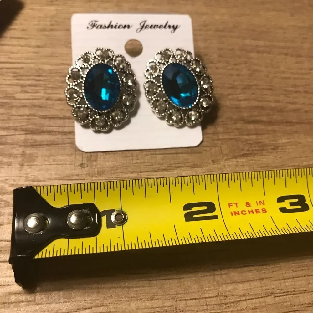 Vintage Victorian Blue Oval Silver Heart Rhinestone Earrings